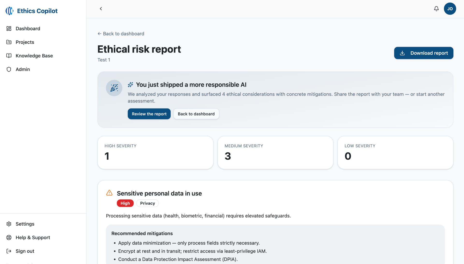 Ethics Copilot ethical risk report dashboard