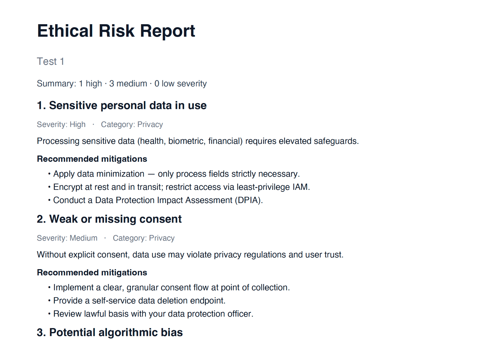 Sample ethical risk assessment report showing severity-ranked risks and recommended mitigations